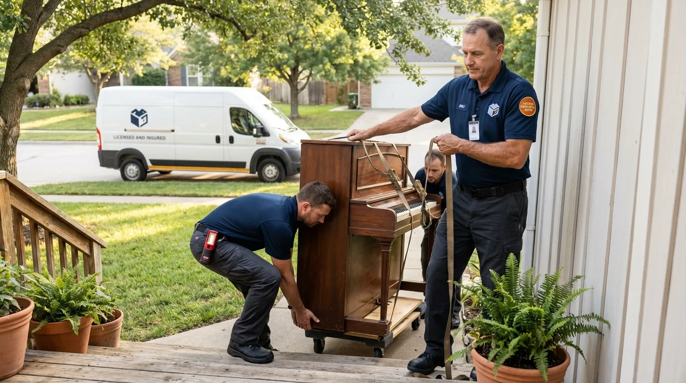 Licensed piano movers securing grand piano in Port Royal, SC
