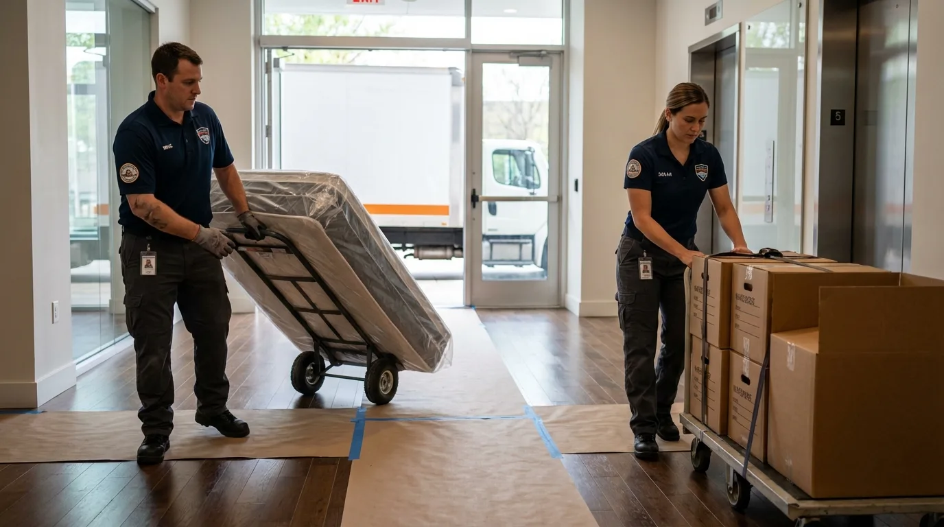 Professional apartment movers loading elevator in Port Royal, SC