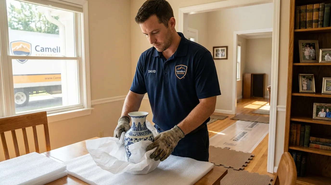 Professional crew carefully wrapping antique vase for senior downsizing move in Port Royal, SC